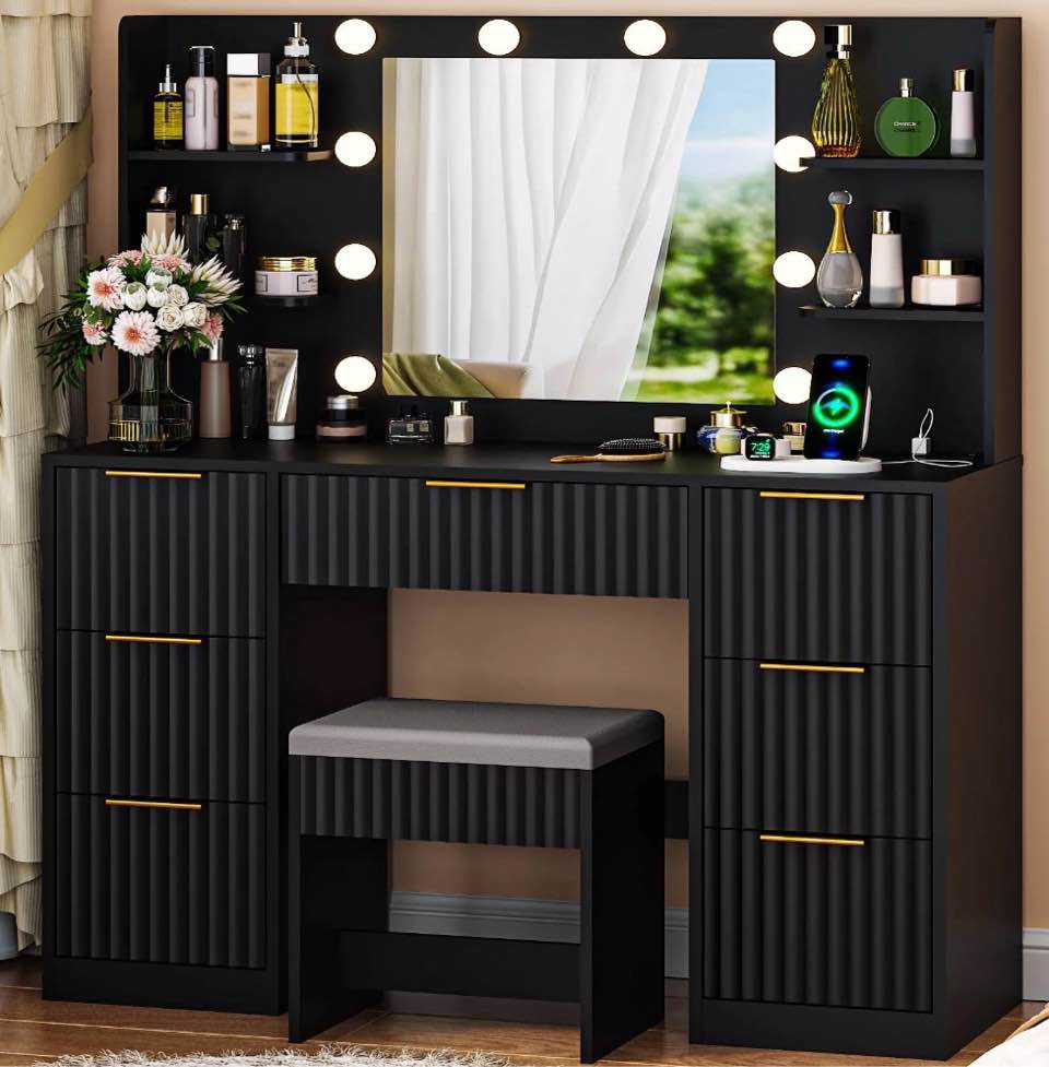 Ktaxon Makeup Vanity Set with 3 Color Lighted Mirror & Charging Station, Dressing Table w/ 7 Drawers for Femal Gift, Black