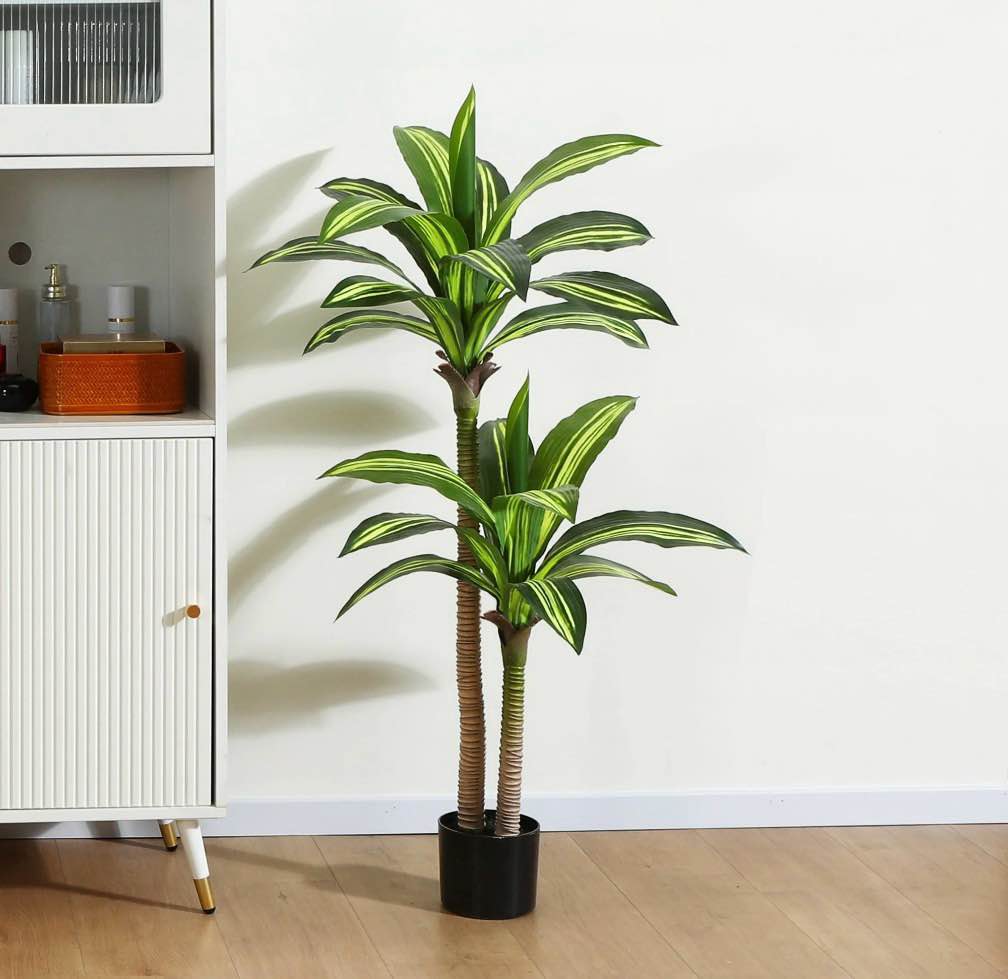 Artificial Plants, 4ft Fake Dracaena Tree in Black Plastic Pot, Faux Plants Indoor Outdoor Decor, Silk Plants for Home Decor Office Porch Patio Perfect Housewarming Gift