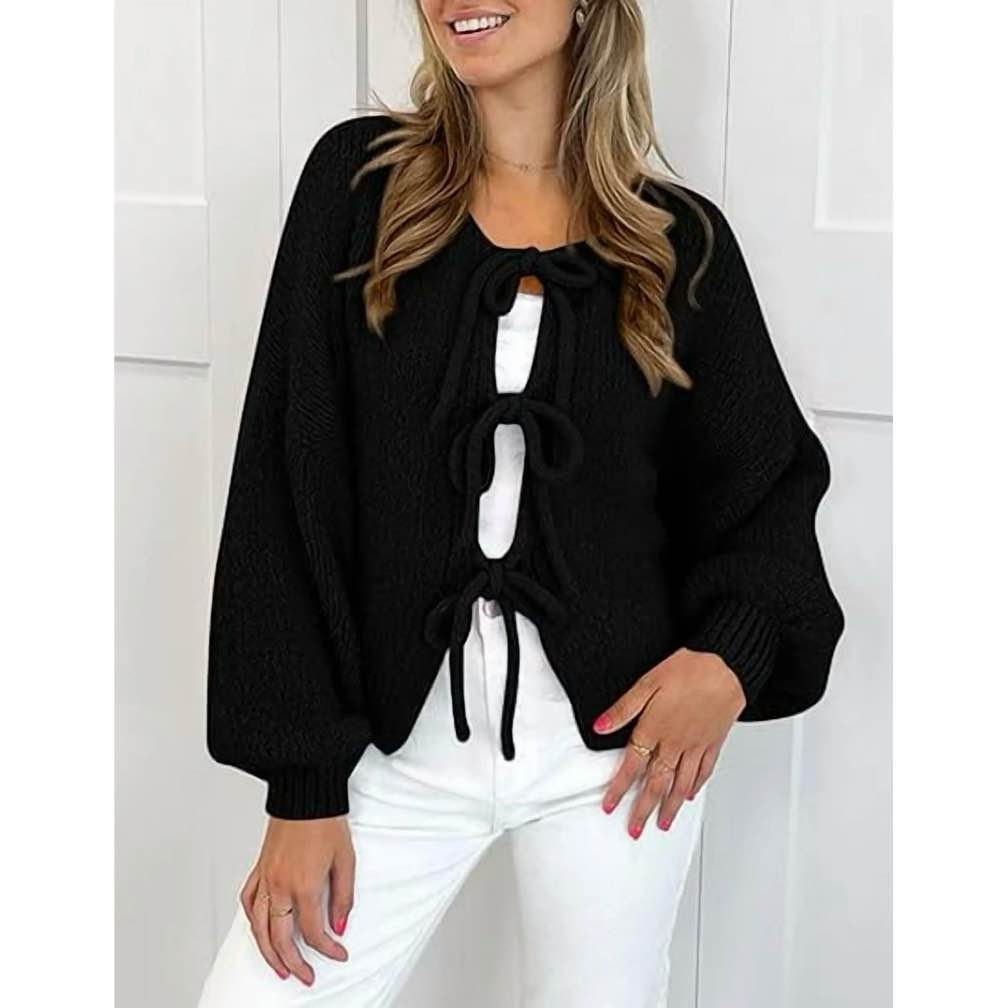 PRETTYGARDEN Women s Tie Front Bow Cardigan Sweaters Chunky Knit Long Puff Sleeve Trendy Fall Winter Jacket Coats size S 