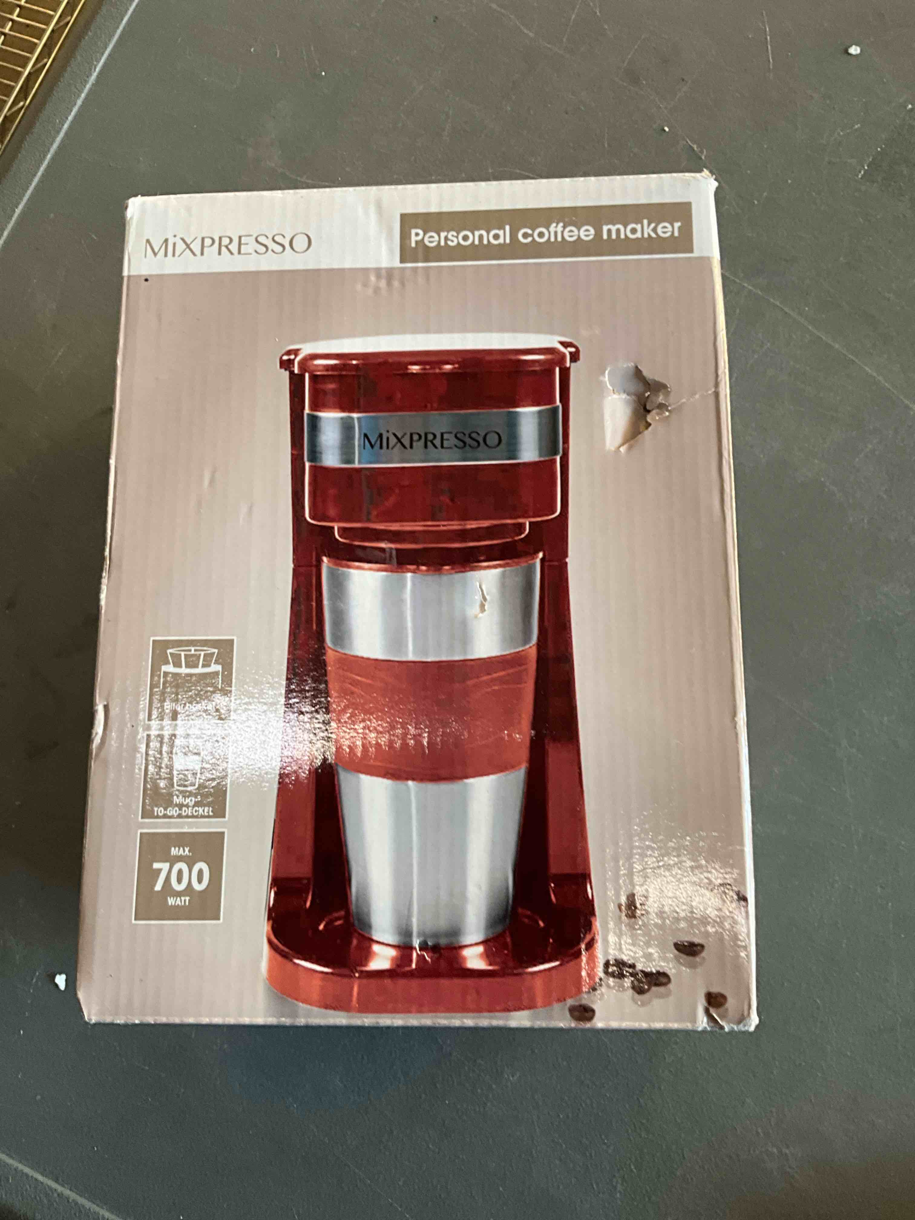 Condition photo showing Good Condition for Mixpresso Red Personal Single Serve Coffee Maker with 14oz Travel Mug, Drip Small Coffee Maker with Auto Shut Off, Reusable Filter, Works with Ground Coffee Only – Not for K-Cup Pods