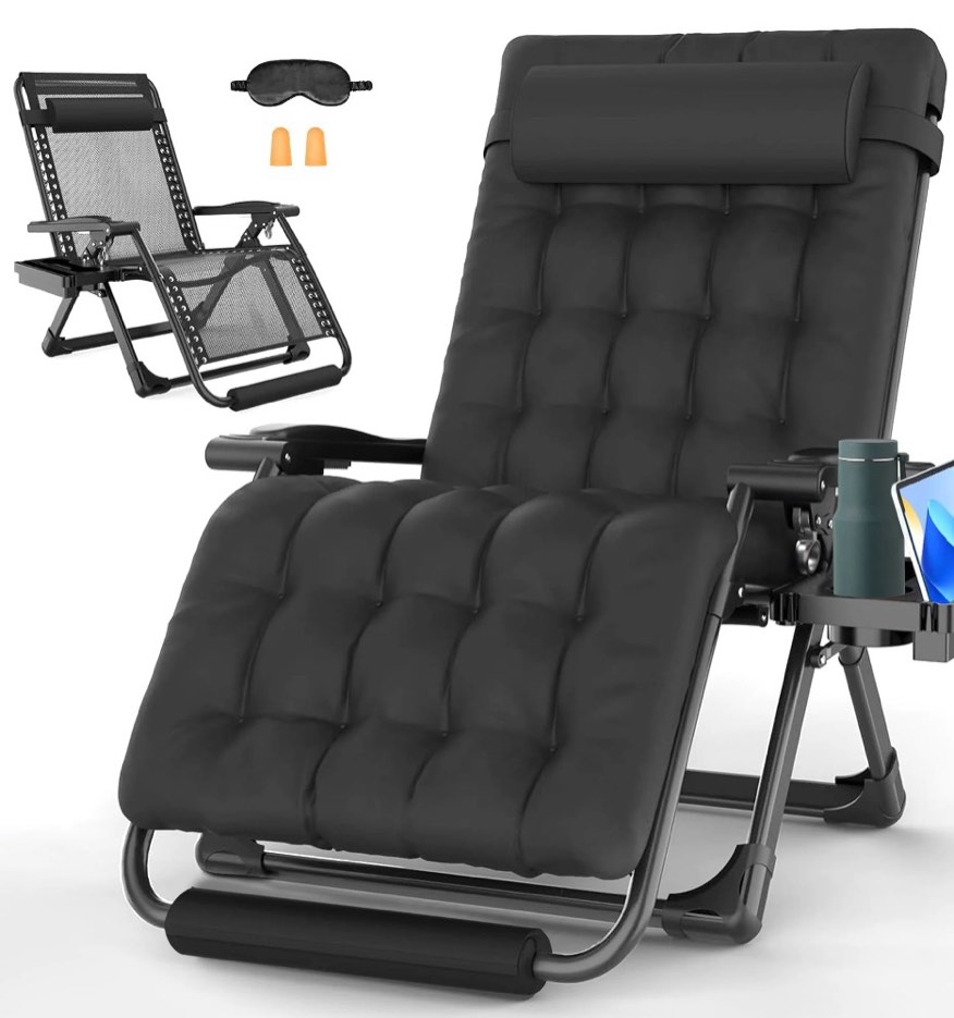 GVDV Oversized Zero Gravity Chair, 33In XXL Lounge Chair 500lbs Capcity with Removable Thick Cushion, Lawn Patio Reclining Chair Upgraded Alloy Lock and Cup Holder, for Indoor Outdoor, Black