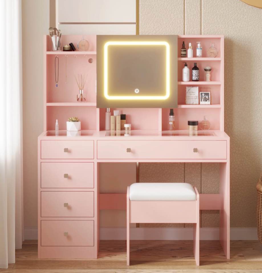 Ktaxon Large 47.2" Makeup Vanity with 3 Color Lights, Dressing Table with USB Charging Station, Light Pink