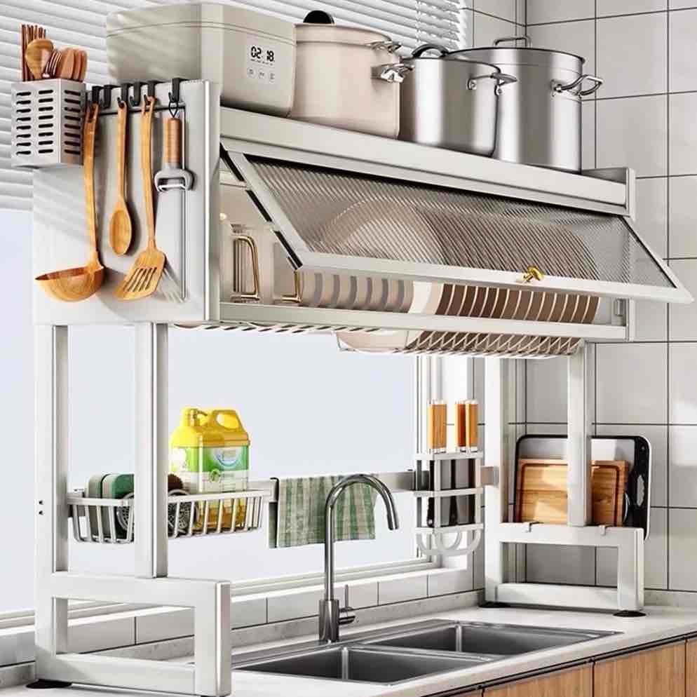 dish rack over sink for kitchen  165lbs load drying rack above sink with visible cabinet door  large carbon steel dish drainer for dishes  bowls and utensils  white