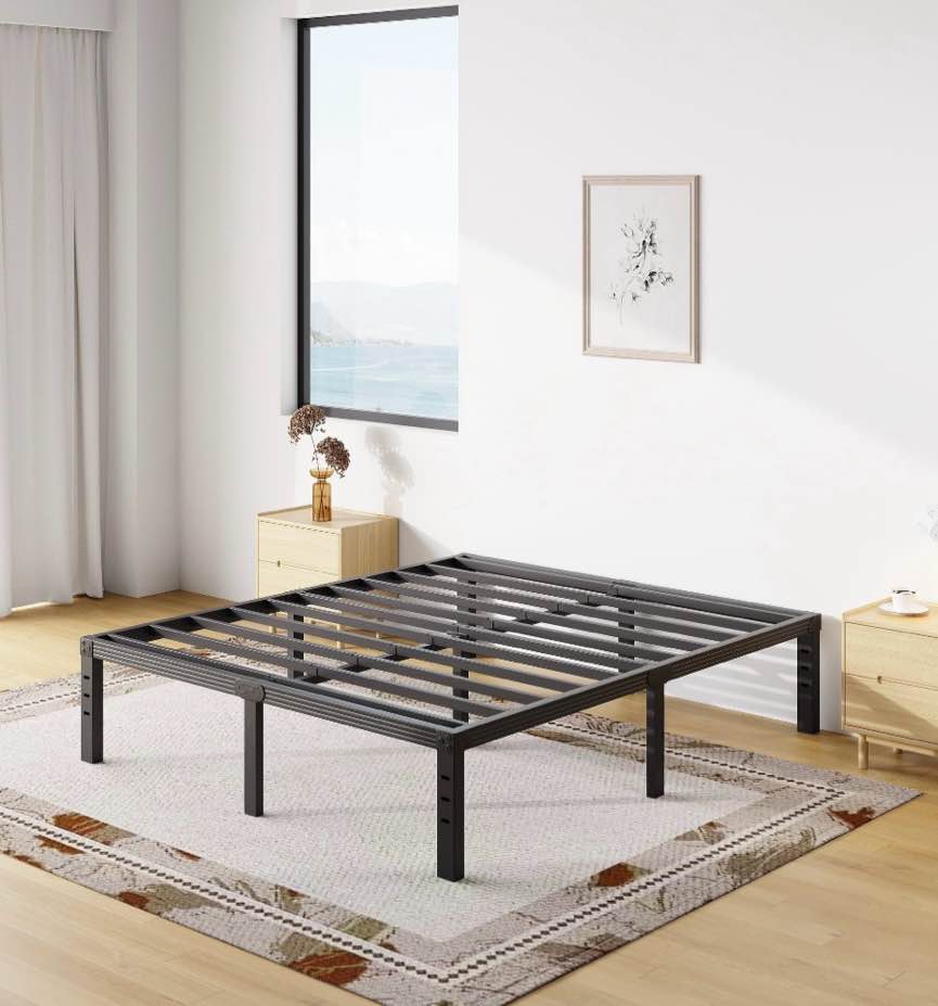 comasach 18 inch queen bed frame, easy assembly, heavy duty metal platform, noise free, black