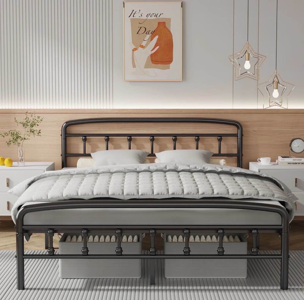 queen bed frame with headboard,victorian style headboard and footboard, no squeak, heavy duty 1500lbs support, easy 30-min tool-free assembly, no box spring needed/underbed storage