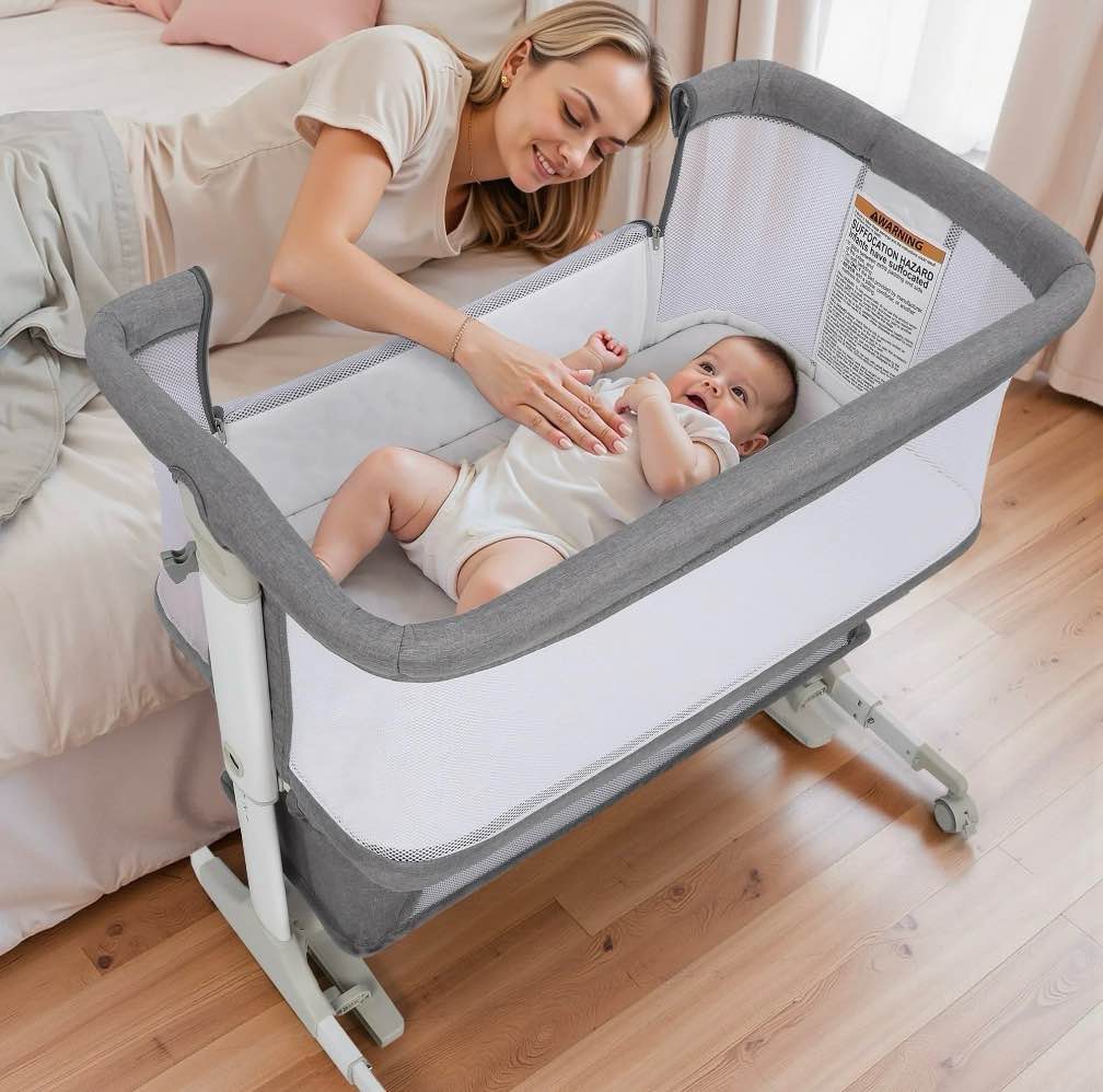 vomeast baby bassinet bedside sleeper with wheels, adjustable height, dual-lock, storage bag for newborns infants, gray