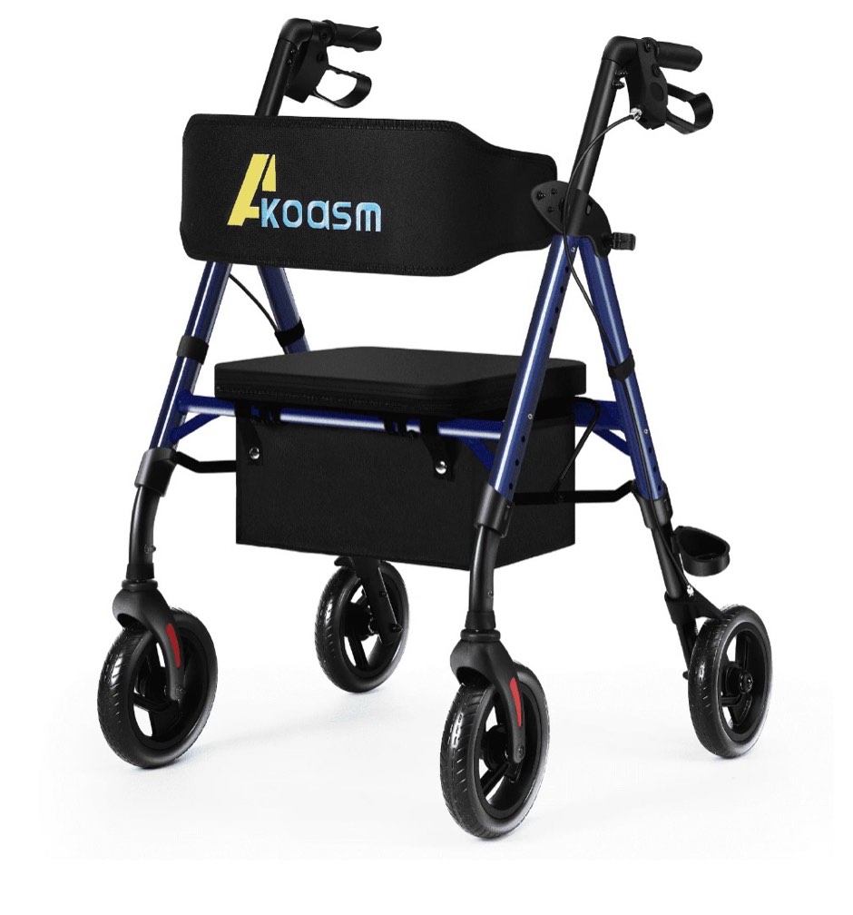 lightweight foldable rollator walkers for seniors with seat - adult rolling walker with seat and brakes, 300 lb capacity, all terrain 8" big roller wheels, adjustable handles and seat height, blue