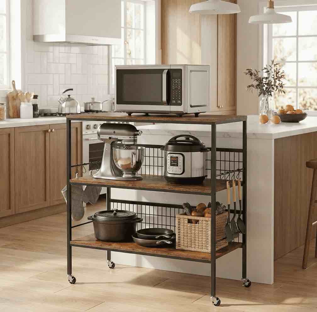 40" wheeled kitchen storage cart island with shelves, copedvic 3-tier kitchen bakers rack with 10 hooks