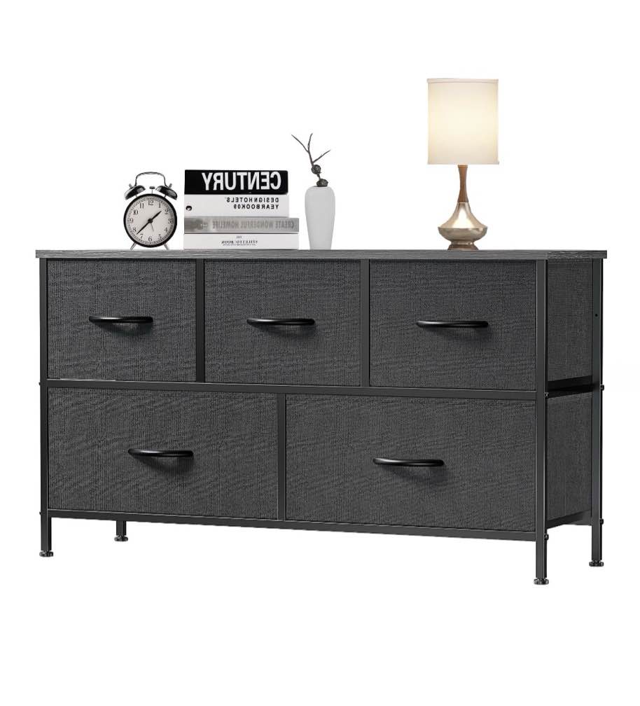 edx 5 drawer dresser, wide chest of drawers nightstand storage tower storage fabric dresser with wood top for living room, bedroom, hallway,black