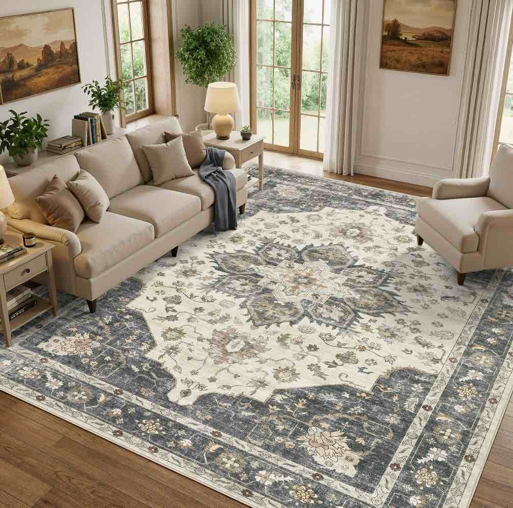 uermei 10 x14  large area rug: soft non-slip washable indoor carpet for living room bedroom dining room office - beige blue