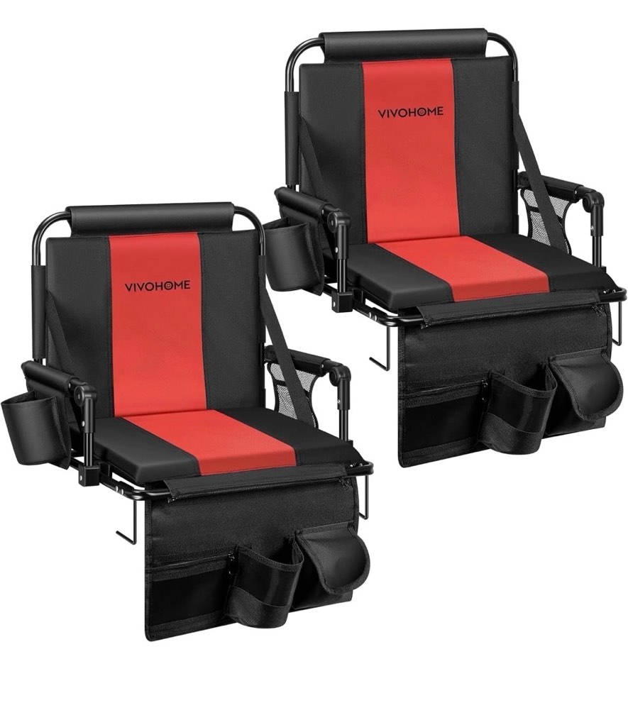 specstar stadium seats with back support and cushion, 2 pack portable bleacher chairs with cup holder, storage bags and shoulder strap, comfortable for various sports events, black and red