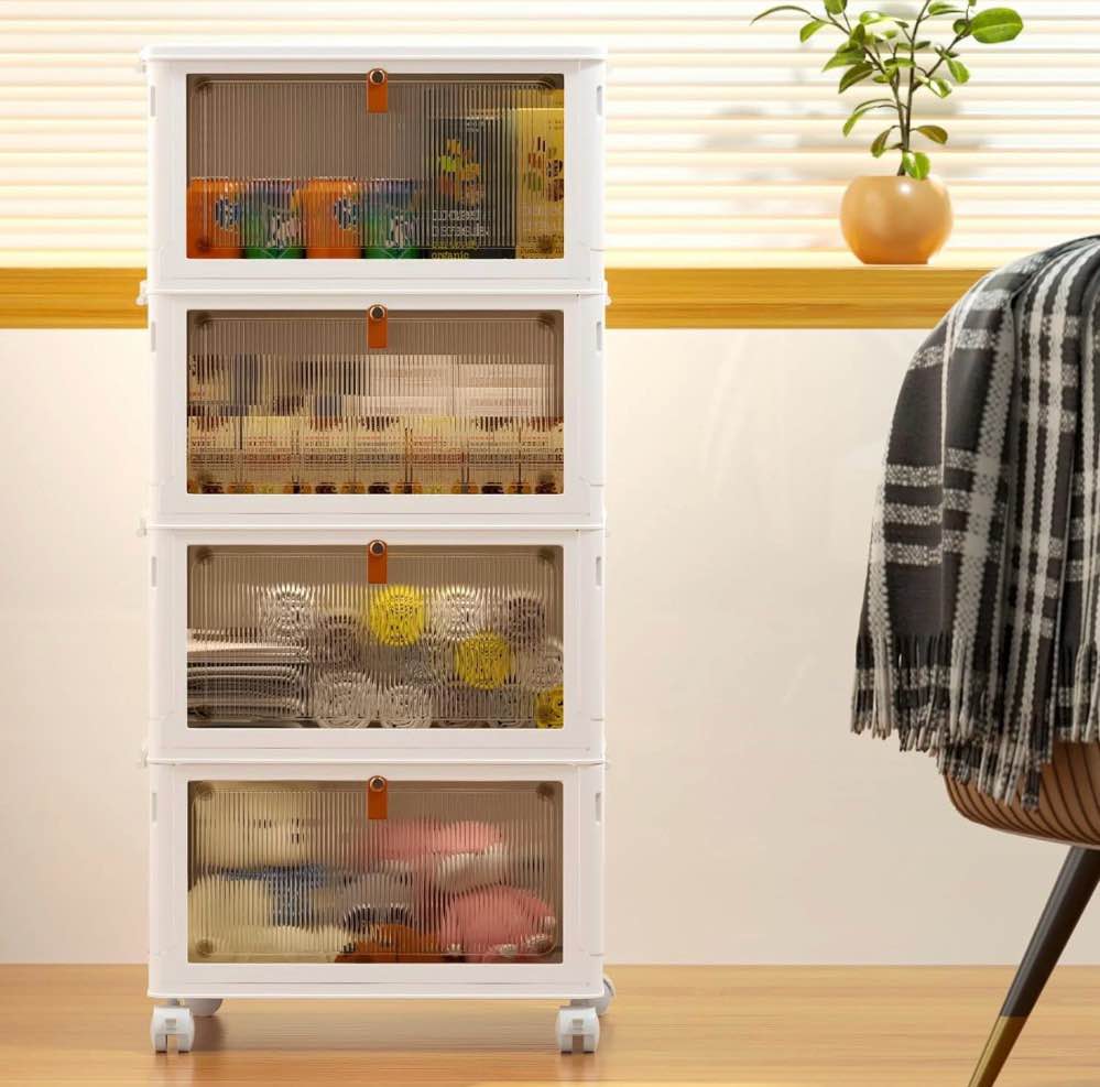 OKENTEN Plastic 92 Qt Storage Container 4 Tier Plastic Storage Bins 23QT  Stackable Storage Containers with Wheels  Folding Storage Boxes  Stackable Storage Bins