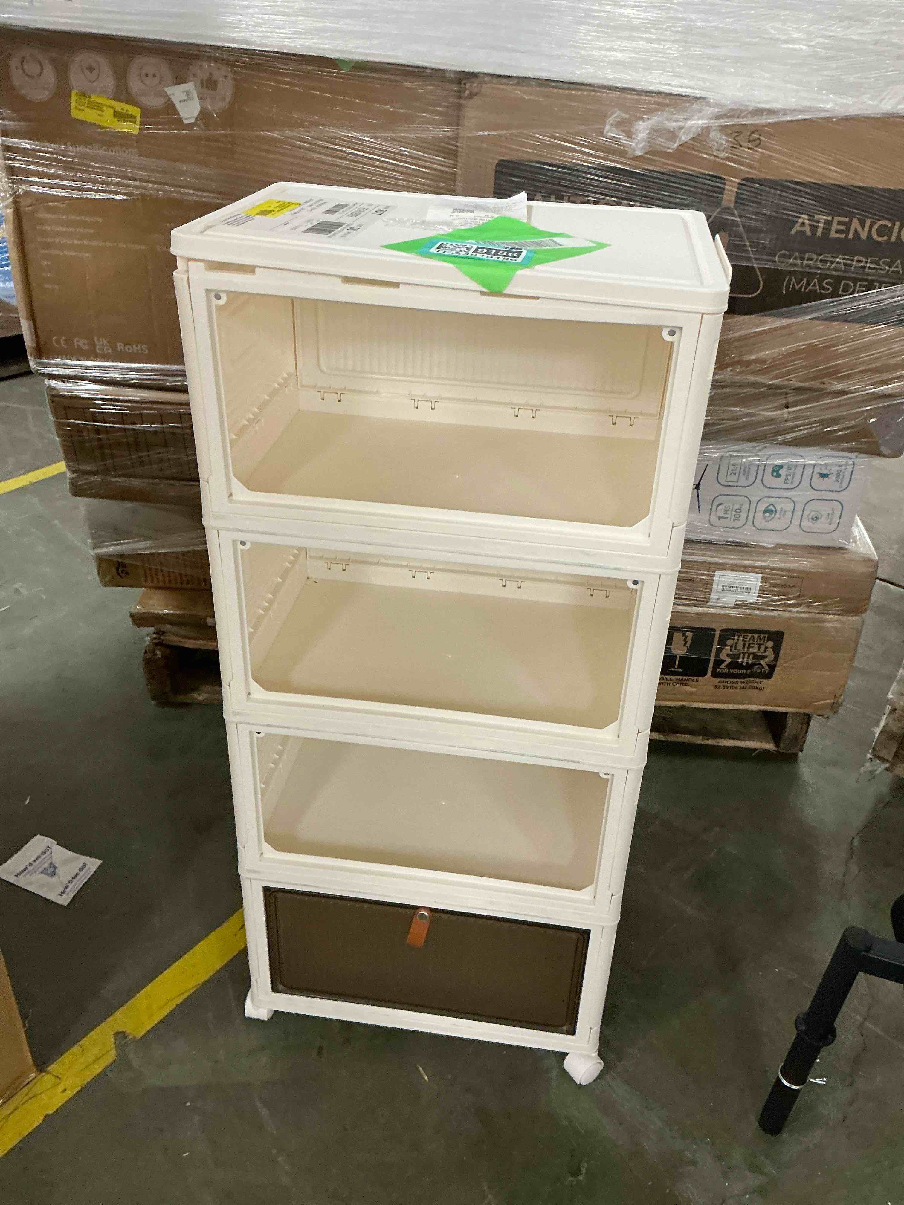 Condition photo showing As Is for OKENTEN Plastic 92 Qt Storage Container 4 Tier Plastic Storage Bins 23QT  Stackable Storage Containers with Wheels  Folding Storage Boxes  Stackable Storage Bins