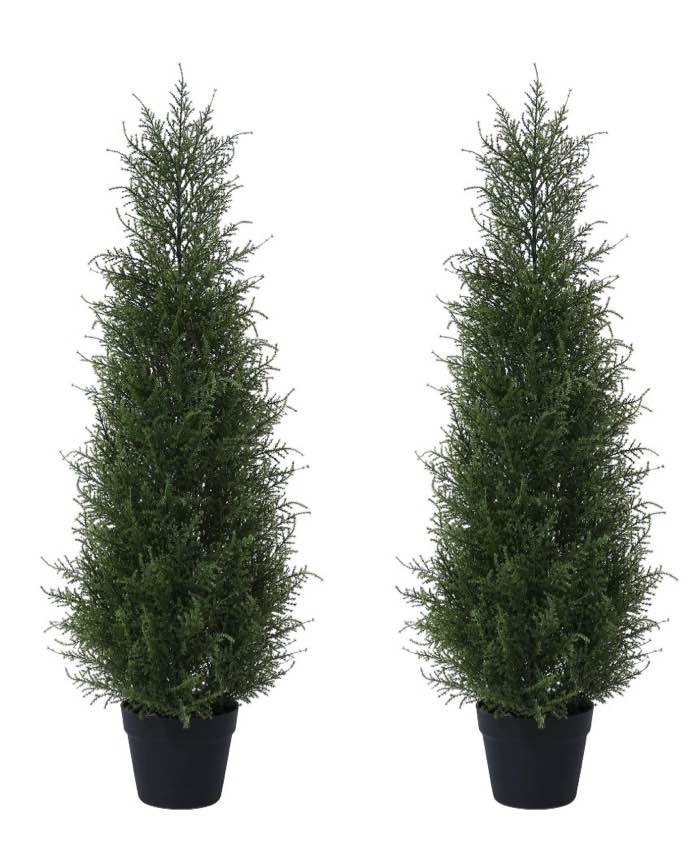 dr.planzen soft touch 2 count 3 ft cedar artificial trees in plastic pot uv rated,  artificial topiary tree for indoor outdoor home decor