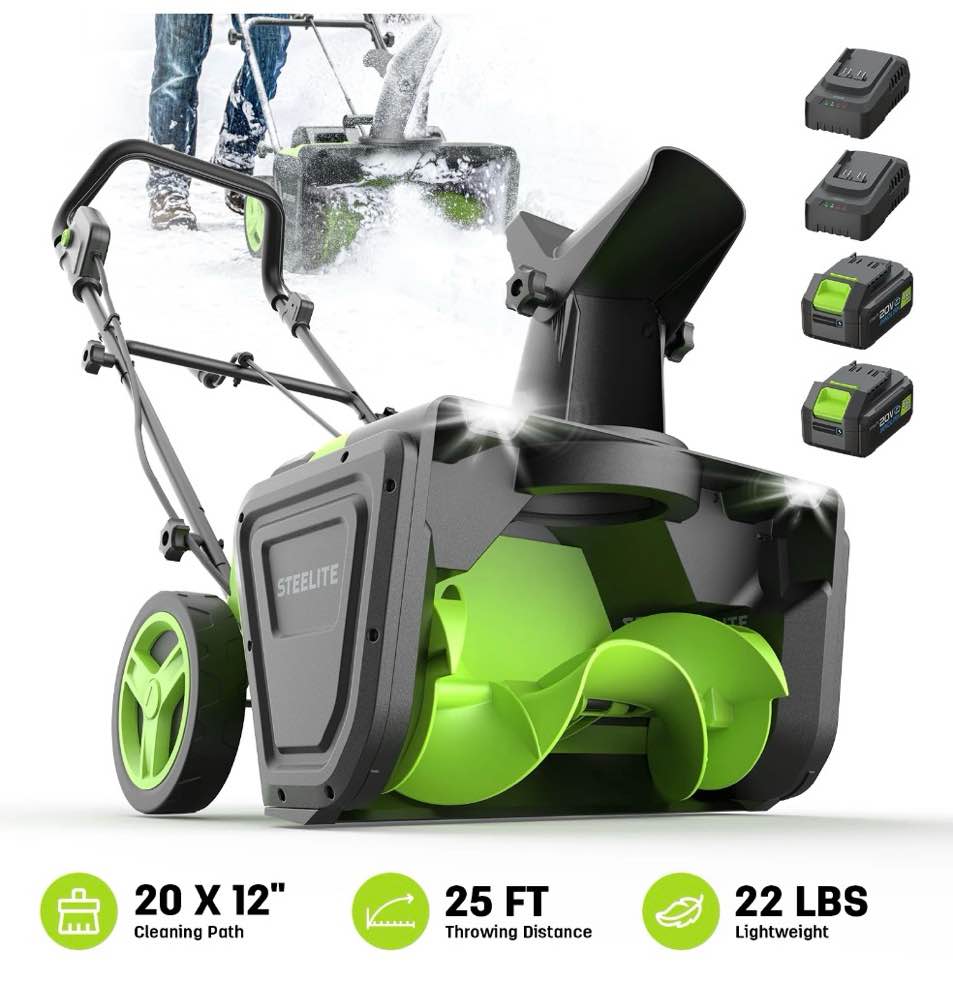 steelite 2x21v cordless snow blower, 20" snow thrower with brushless motor,850 lbs/min electric snow remove machine with 2 x4.0 ah batteries & charger