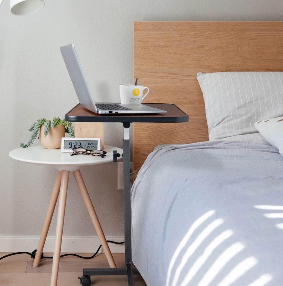 ktaxon adjustable lap desk overbed bedside table with wheels for home office, wood grain