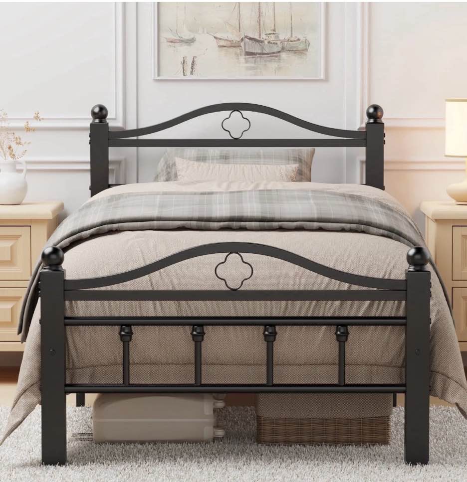 twin bed frames with headboard -heavy duty twin size bed frame, 1500lbs capacity & noise free design, 12 inch under-bed storage, no box spring needed, easy assembly, black