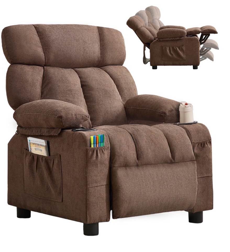 jonpony kids recliner chair,push back toddler recliner with cup holders & side pockets,adjustable footrest & headrest kids sofa for boys girls 3+ age group, brown