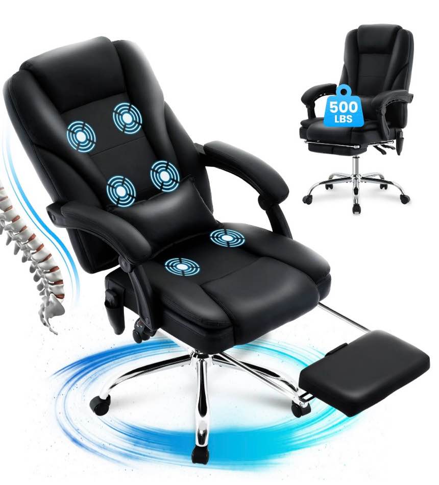jonpony big and tall office chair 500lbs executive office chair massage and footrest ergonomic computer desk chair reclining high back leather office chair lumbar back support swivel rolling,black