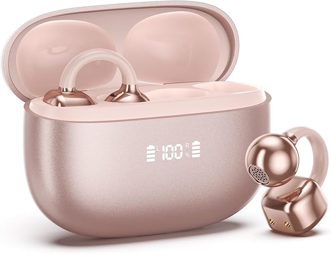paxa clip on earbuds, clipbuds7 open ear earbuds wireless bluetooth 5.4 with led display, auto l-r ear recognition and touch control, ultra-light 4.5g fit comfort for sports fitness daily use, rose gold