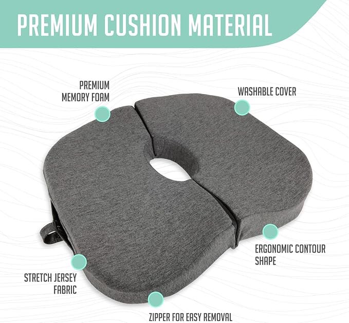 tailbone pain relief cushion - premium foldable travel tailbone seat cushion - for relief of lower back, sciatic, butt and tailbone pain - perfect for home, office & driving