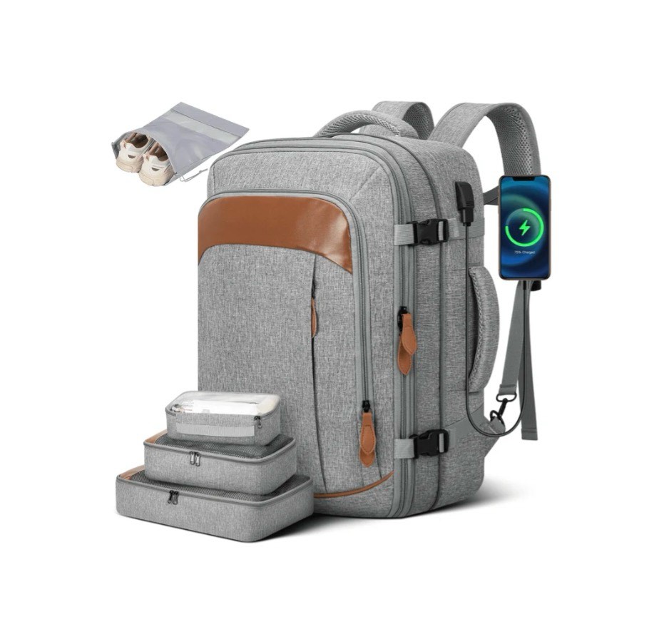 45l large travel backpack for men women, expandable large suitcase backpacks with 3 packing cubes & shoe bag, carry on luggage daypack laptop backpack for weekend trips, business travel, hiking, gray