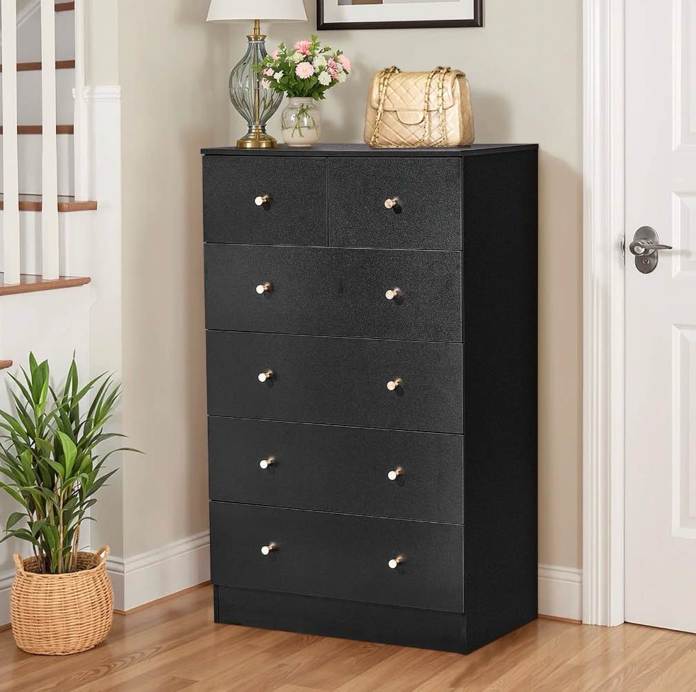 ktaxon large 6 drawers dresser chests for bedroom, wood chset of drawers,dressers organizer for bedroom, living room,hallway, black