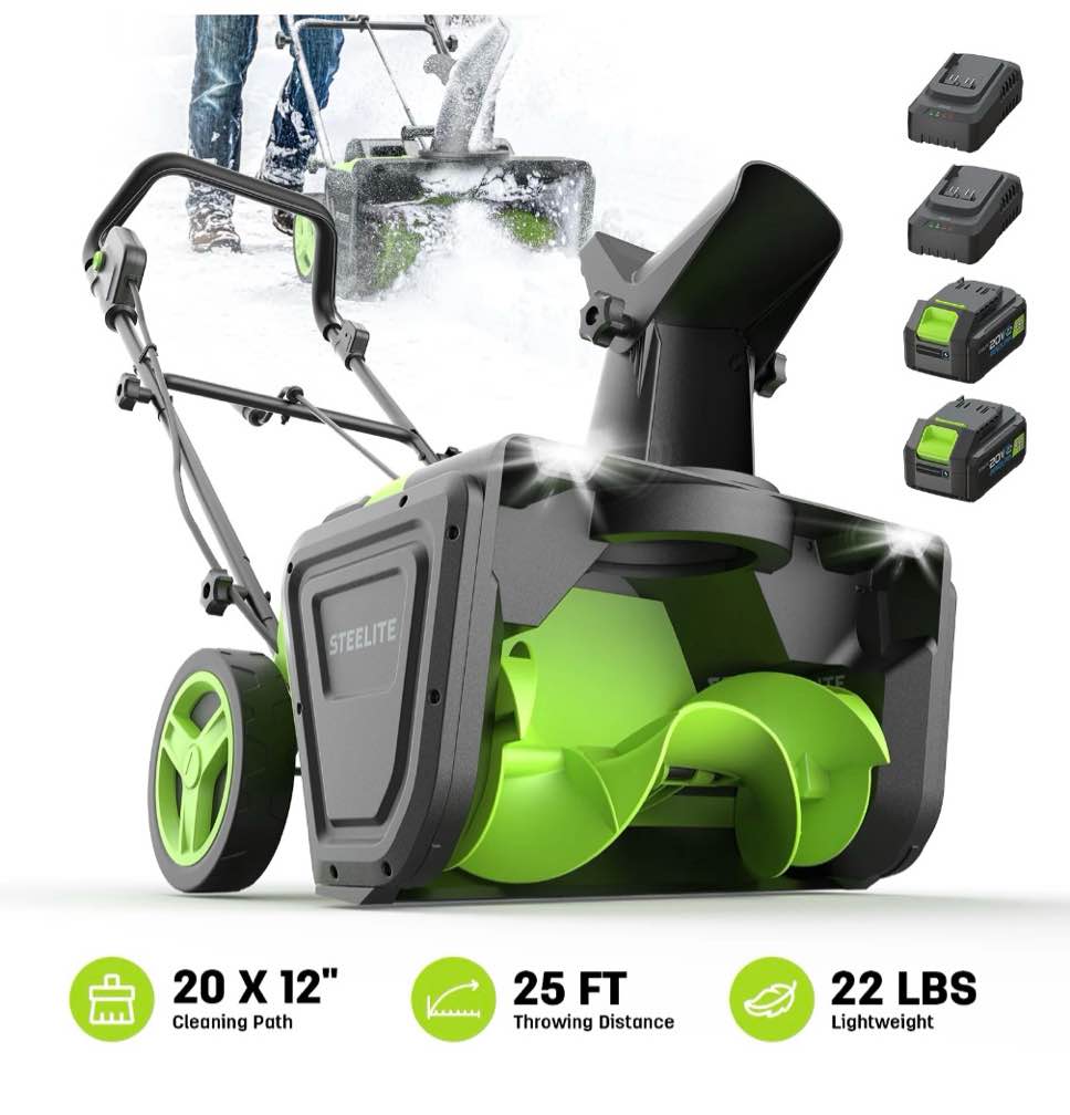 steelite 2x21v cordless snow blower, 20" snow thrower with brushless motor,850 lbs/min electric snow remove machine with 2 x4.0