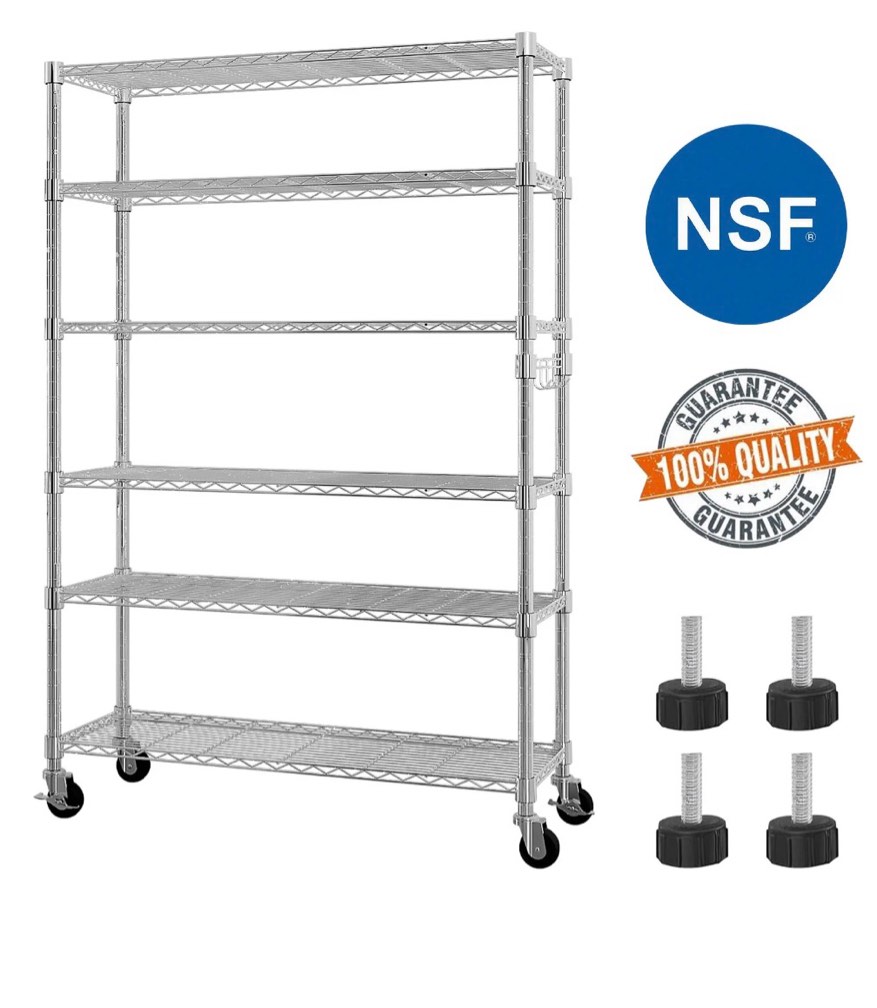 ktaxon 6 tier wire shelving with wheels 2400lbs capacity,  heavy duty storage rack for home garage, 46"w x 18"d x 82"h adjustable shelves, silver