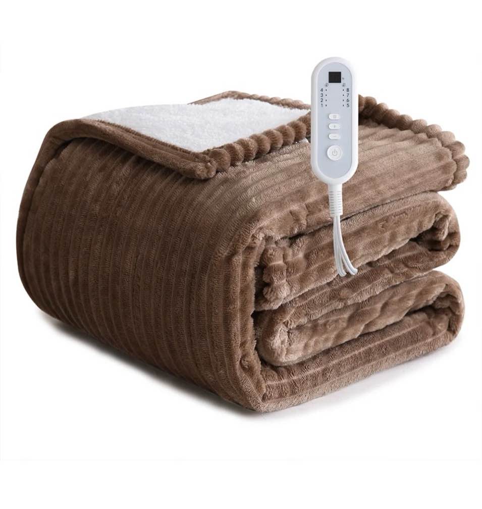 sheet&joy heated blanket electric brown full - 72"x84" heating blanket 10 hours auto-off 8 heat level over-heat protection ribbed flannel sherpa electric etl certification