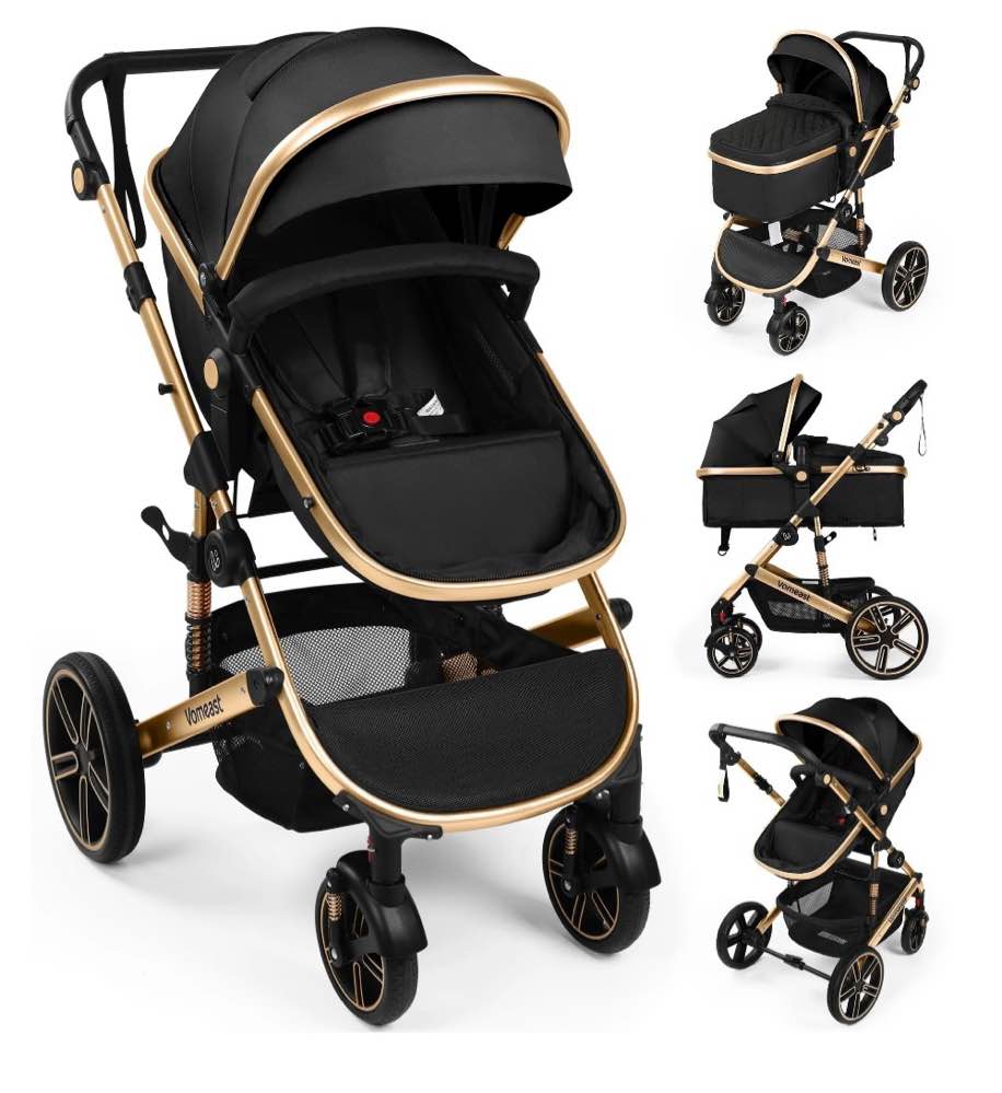 vomeast baby stroller, foldable aluminum alloy stroller with reversible, travel stroller for newborn infant, black