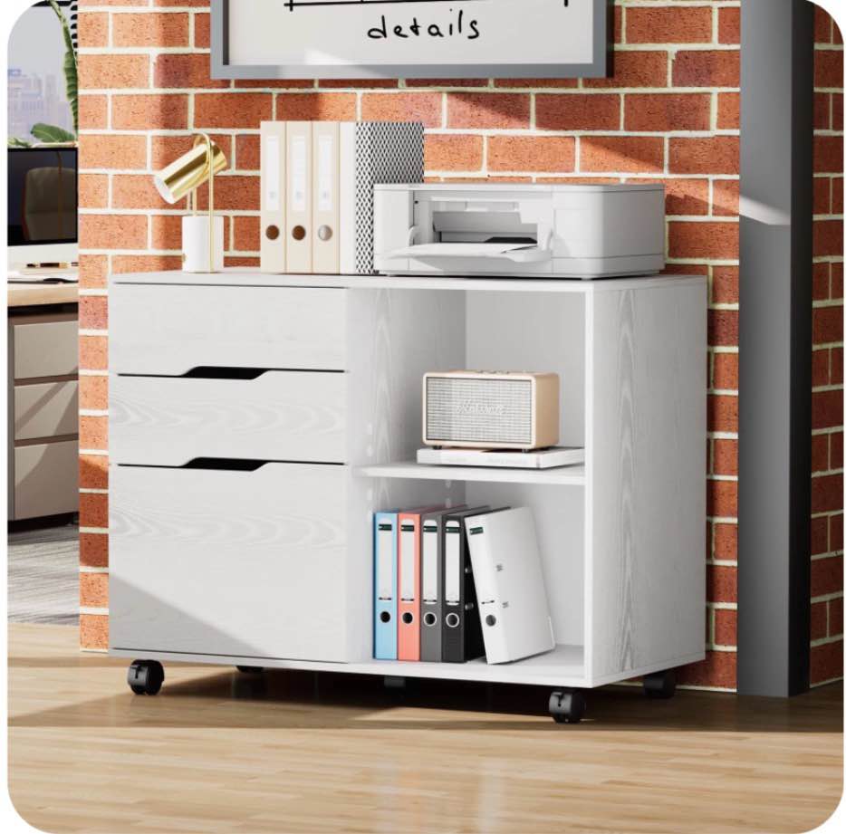 concetta 3 drawer file cabinet with wheels  rolling wood printer stand and open storage shelves for home office  white