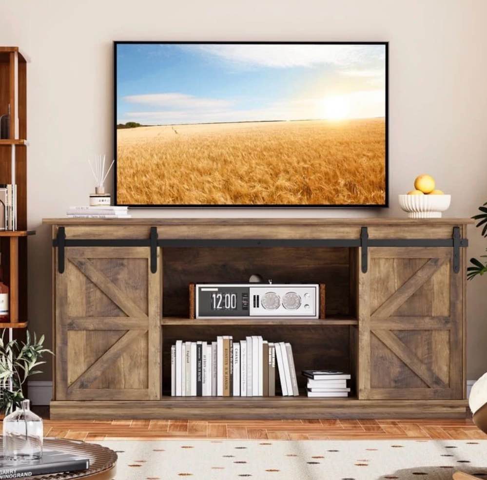 homall farmhouse sliding barn door tv stand for tvs up to 65 rustic oak