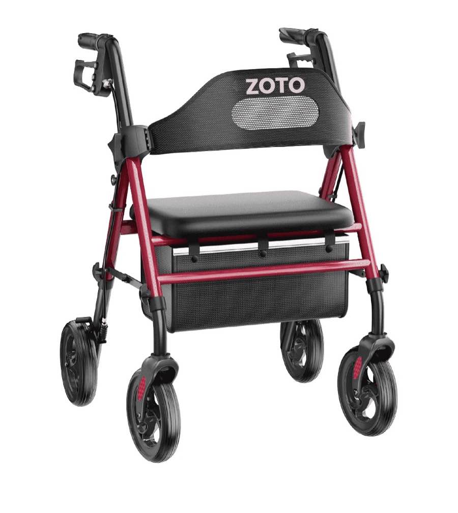 zoto foldable rollator walker with seat for seniors, height adjustable lightweight rolling walker with sturdy reinforced carbon steel frame, red (vr2-rd)