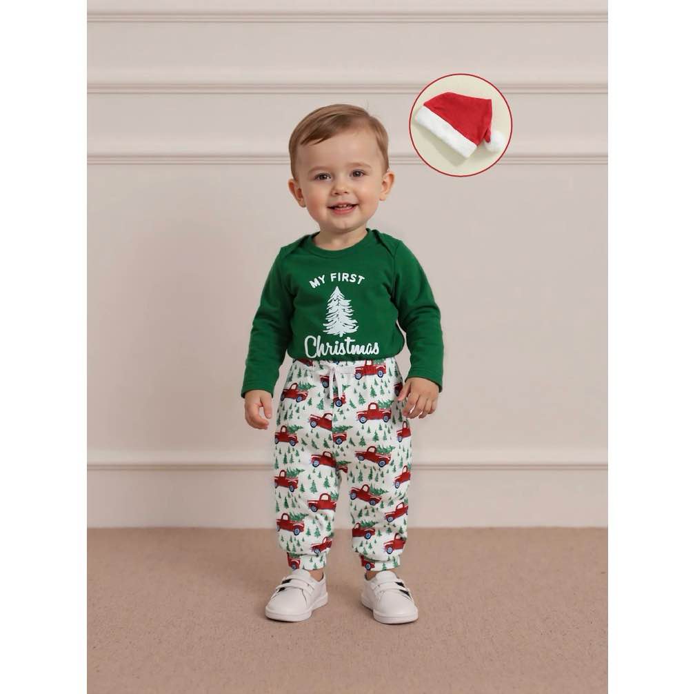 Condition photo showing Good Condition for Jaweiwi Baby Toddler Boy Christmas Clothes Set 3 6 9 12 Months Letter Tree Print Long Sleeve Romper Truck Pattern Long Pants and Hat 3Pcs Outfit