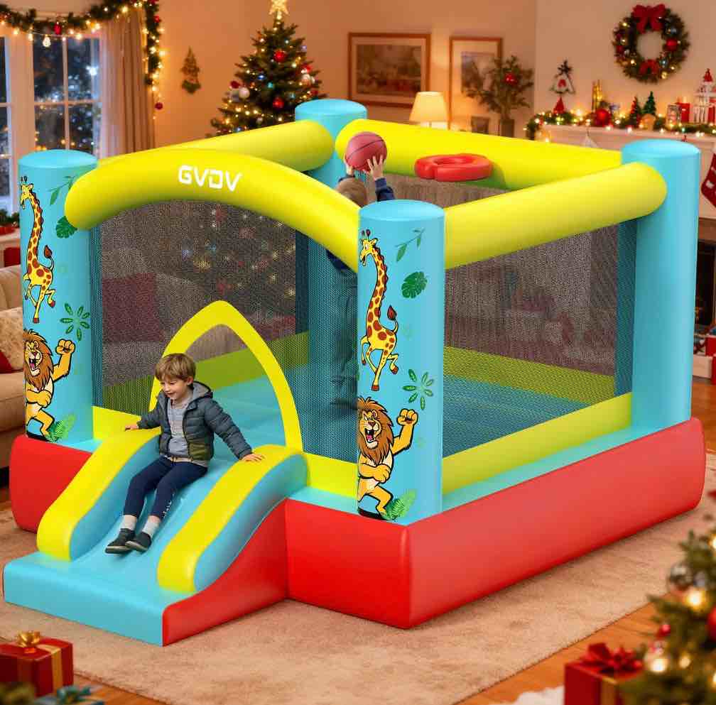 gvdv 9ft inflatable bounce house with slide & 350w blower, jumping castle bouncer for 3 kids, indoor and outdoor use