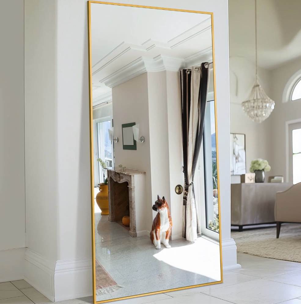 antok full length floor mirror 76 x34  rectangle floor standing tall mirror with aluminum frame  leaning  wall mounted or freestanding  gold
