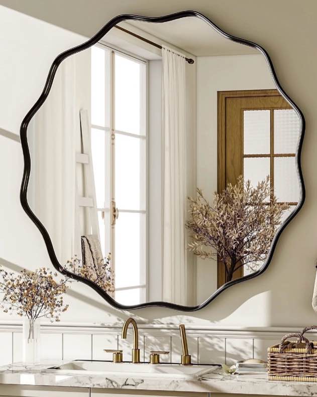 beautypeak 30" wavy round bathroom mirror wall decor with deep frame, black
