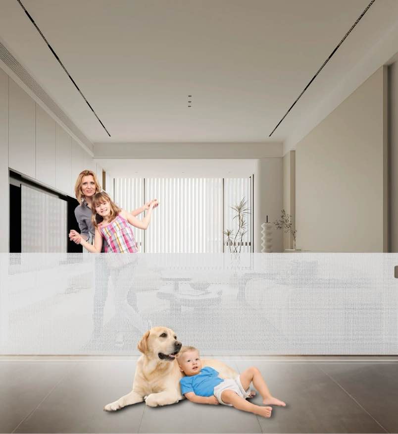 "fxcoia retractable baby gate, 71"" wide x 38"" tall, safety mesh dog gate for doorways and stairs, white"