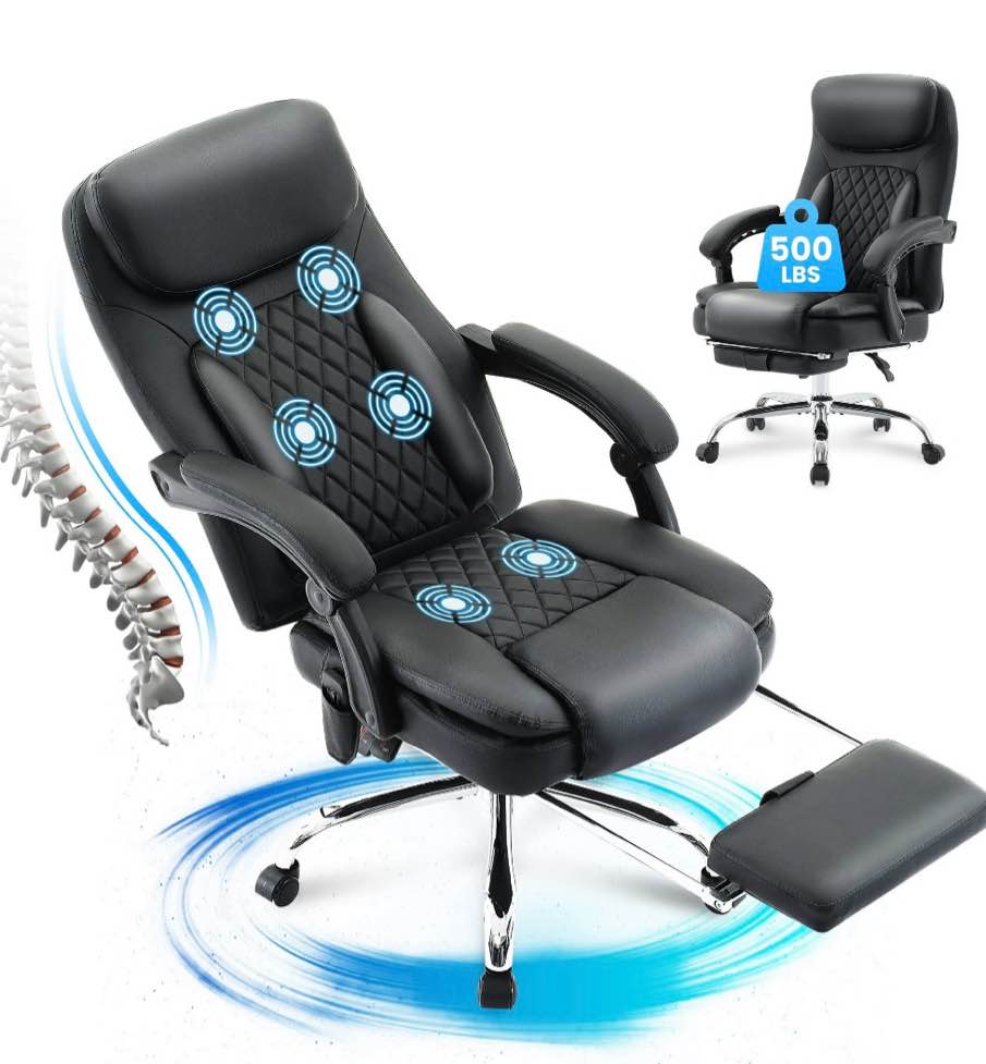 jonpony big and tall office chair 500lbs executive office chair massage and footrest ergonomic computer desk chair reclining high back leather office chair lumbar back support swivel rolling,bla