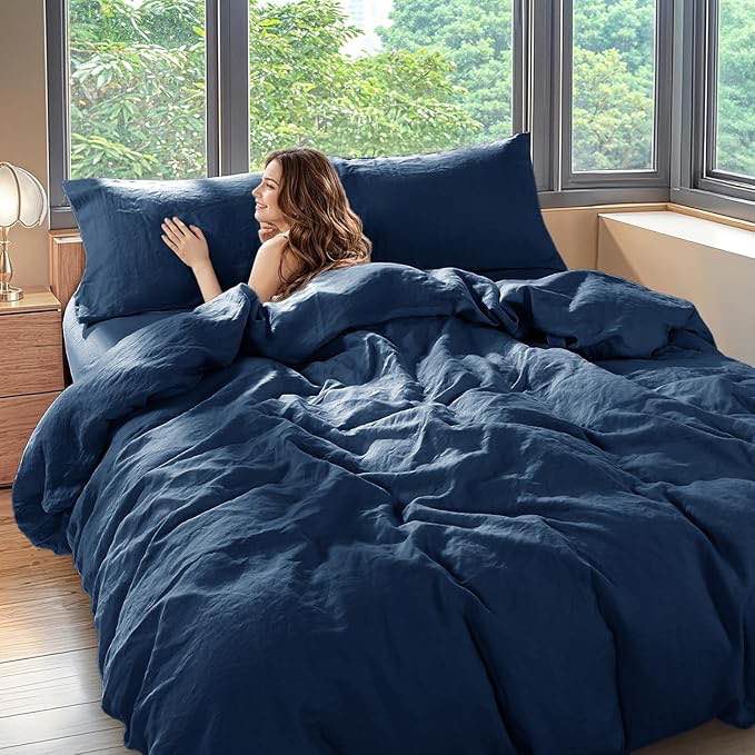 shilucheng 100% linen king duvet cover set, luxury pure natural french flax linen duvet cover with zipper blue