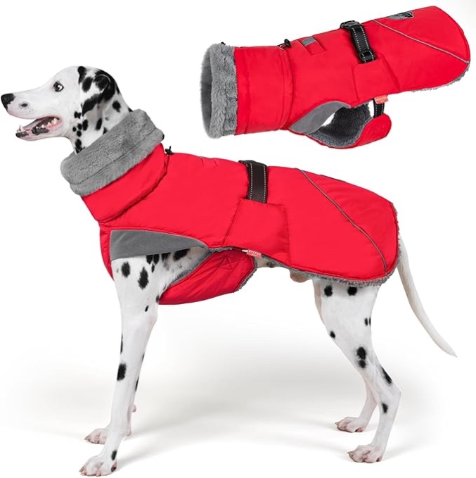 kyeese waterproof dog coat, windproof pet jacket with thick fleece lining, extra warm high collar do red