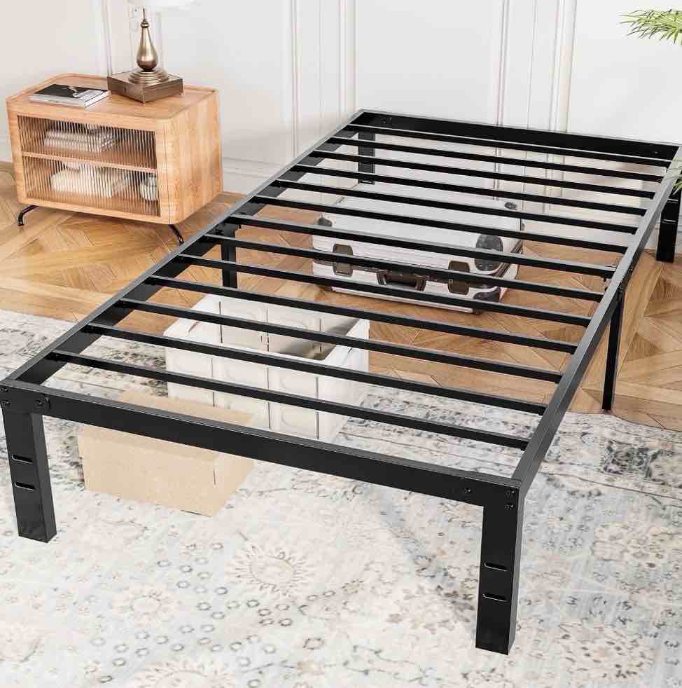 concetta 14" twin bed frame, heavy duty metal platform bed frame with underbed storage for bedroom, no box spring required, black
