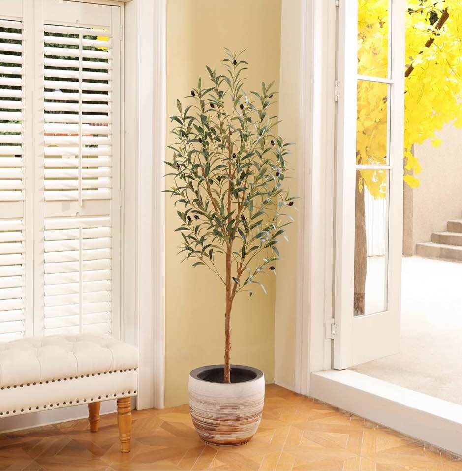 dr.planzen 5' artificial olive tree indoor, tall faux olive tree, artificial plants with natural wood trunk and lifelike fruits for home office decor