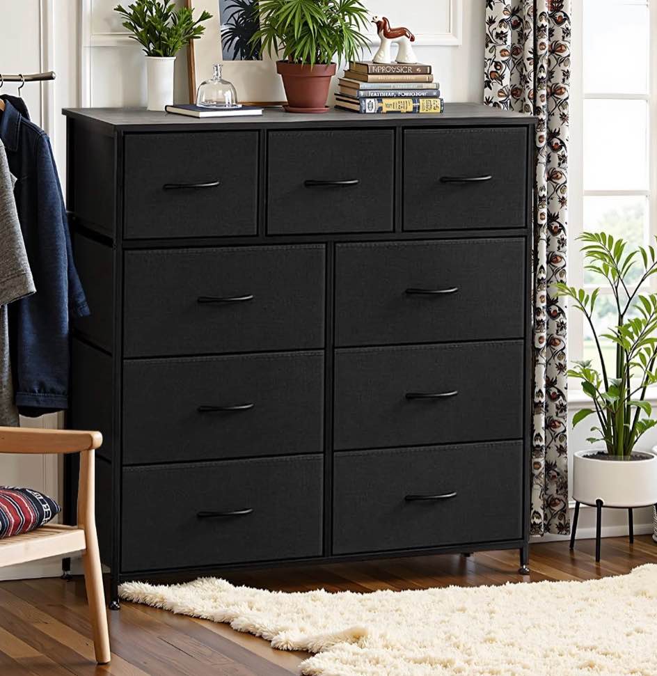 simenmax 9 drawers dresser for bedroom, tall fabric closet chests organizer tower furniture with wooden top metal frame for clothes, room, living room, hallway, entryway,black