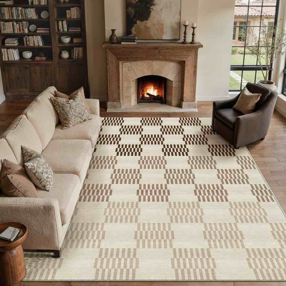 berthmeer 6 x9  area rugs for living room bedroom office dining room farmhouse geometric modern checkered contemporary non slip rugs carpets beige