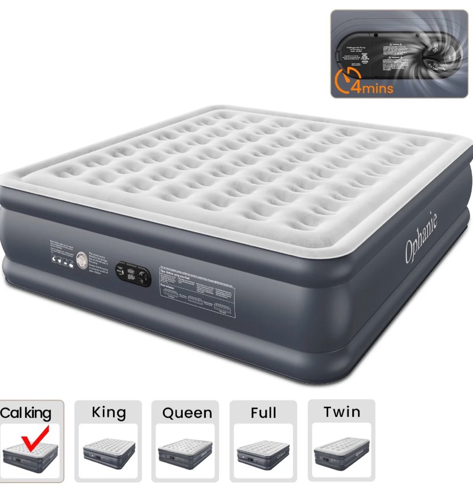 ophanie cal king air mattress 18in puncture resistant air beds with built in pump, elevated quick inflation/deflation inflatable beds for camping, indoor colchon, guests air bed, drak gray