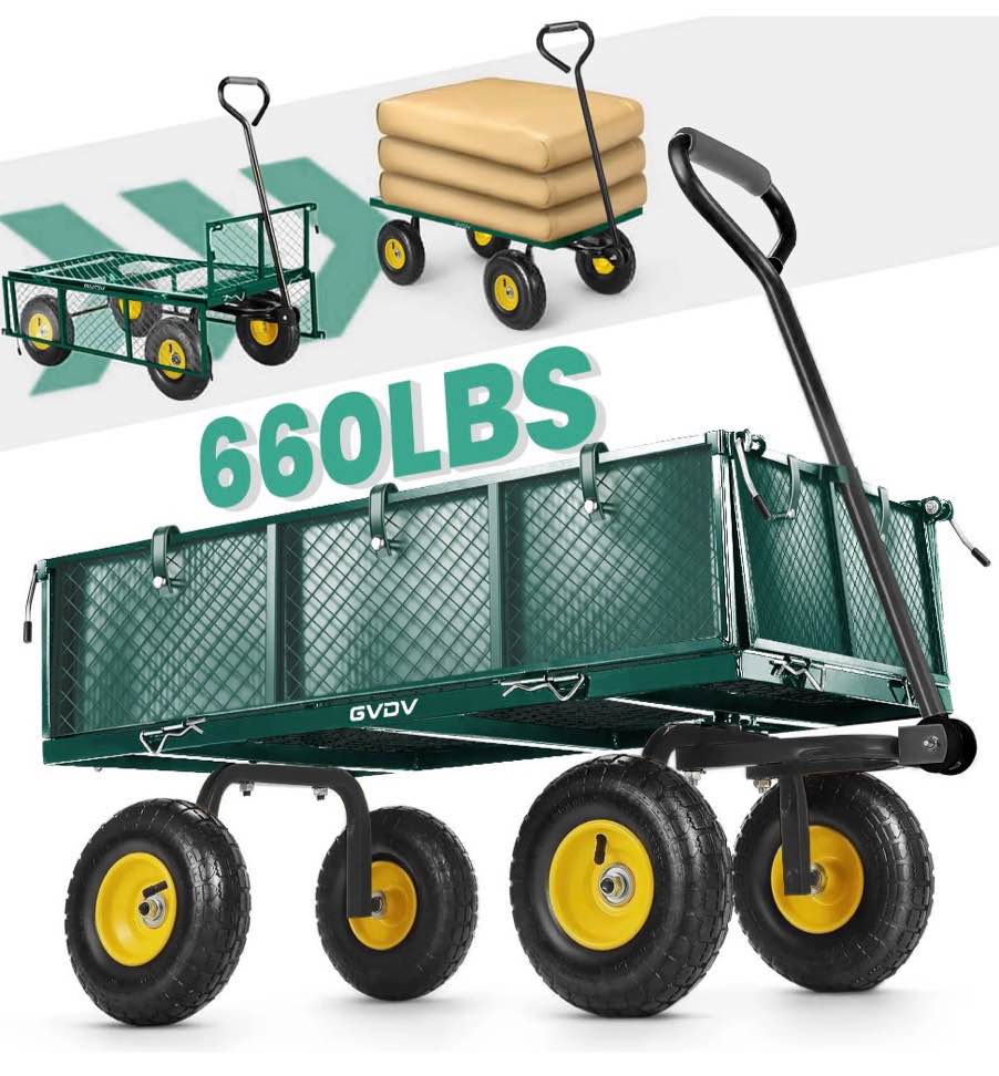 gvdv heavy duty steel garden cart with liner, 660lbs capacity, 3 cu ft, 10" all-terrain wheels, black/green – durable utility cart for yard work, hauling, and outdoor use