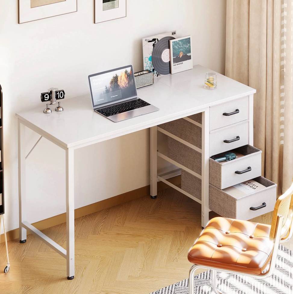 casacomoda computer desk with 4 storage drawers , writing desk for home office, study work table for bedroom and small space, white