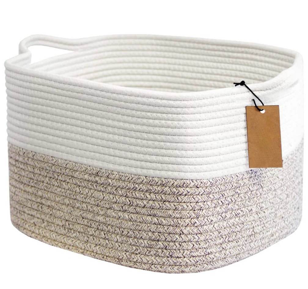 cotton rope woven basket with handles, blanket basket 13.5" x 11" x 9.5", large storage baskets for organizing